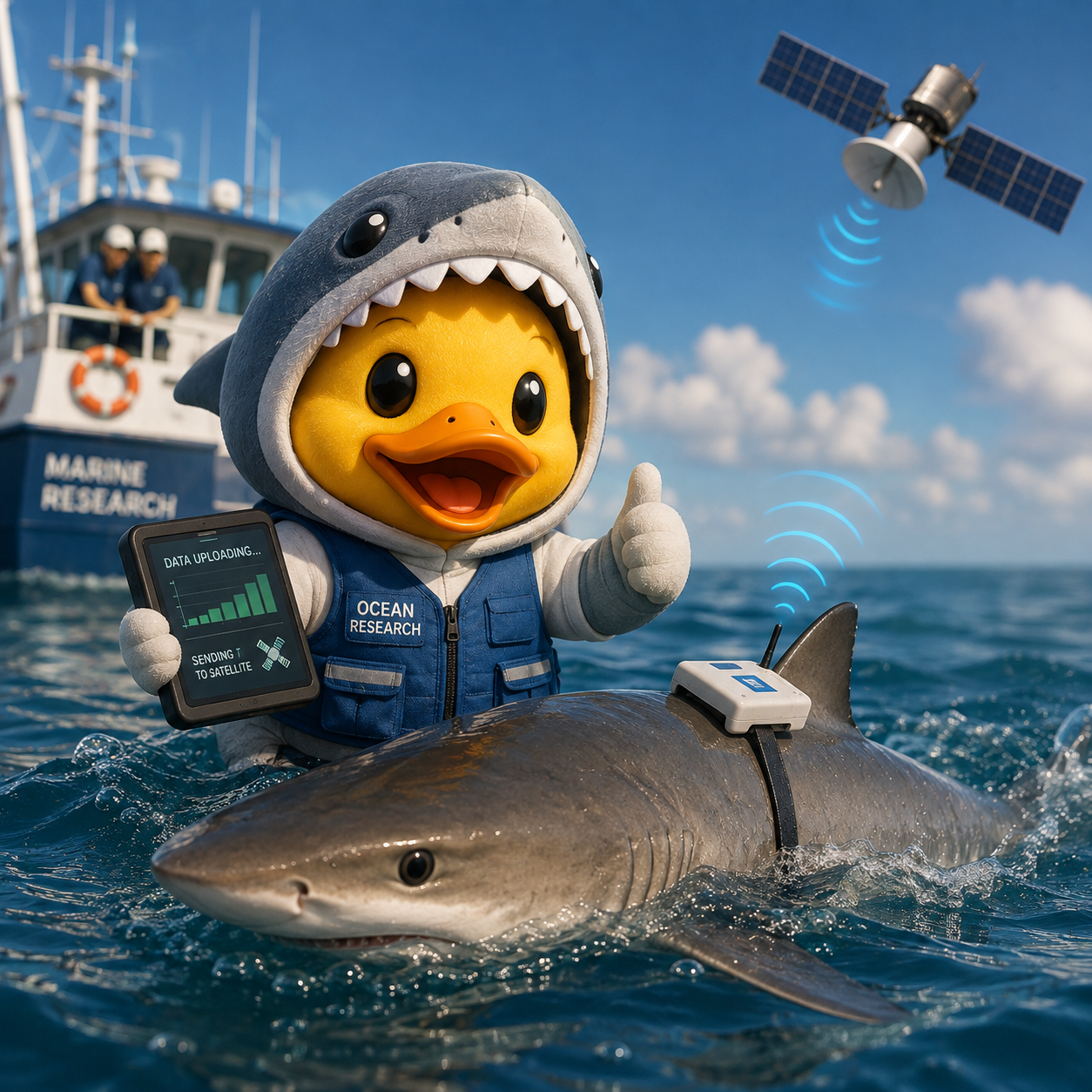 A yellow duck in a shark hood and ocean research vest collecting data beside a sensor-tagged shark at sea