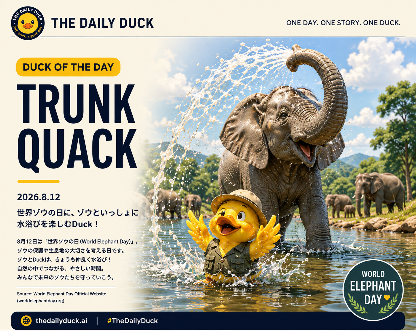 A yellow duck in safari gear splashing in the water beside an elephant on World Elephant Day